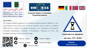 Read more about the article Bourses de Master d’Excellence Erasmus Mundus The European Masters programme in Embedded Computing Systems (EMECS)